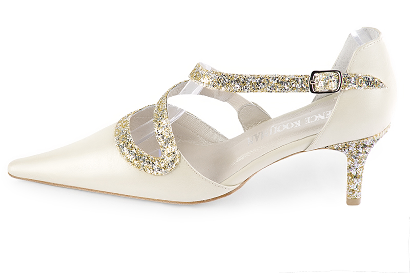 Off white and gold women's open side shoes, with snake-shaped straps. Pointed toe. Medium slim heel. Profile view - Florence KOOIJMAN